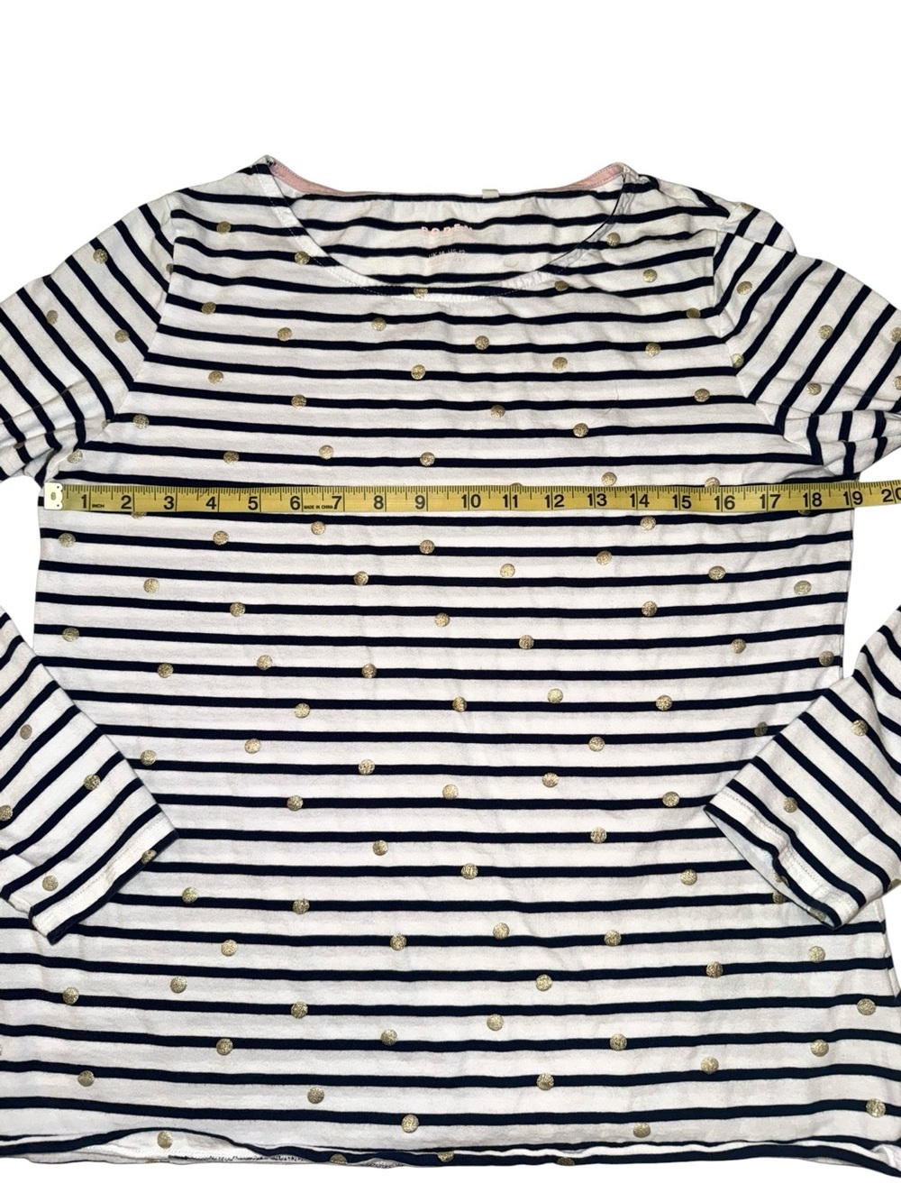 Boden Breton Stripe Long Sleeve Navy/White Gold Foil Dots Top Size 14 Orig $99 - Picture 3 of 6